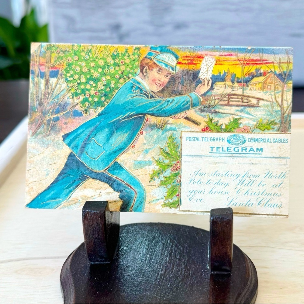 Antique Postmarked 1909 Mailman Delivering Santa's Telegram Holiday Postcard